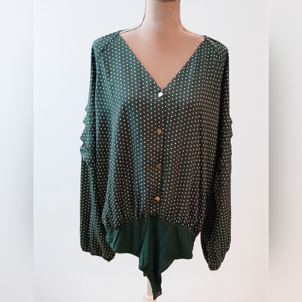 Draper James RSVP Polka Dot Vneck Puff Sleeves Bodysuit Womans Plus XXL Blouse